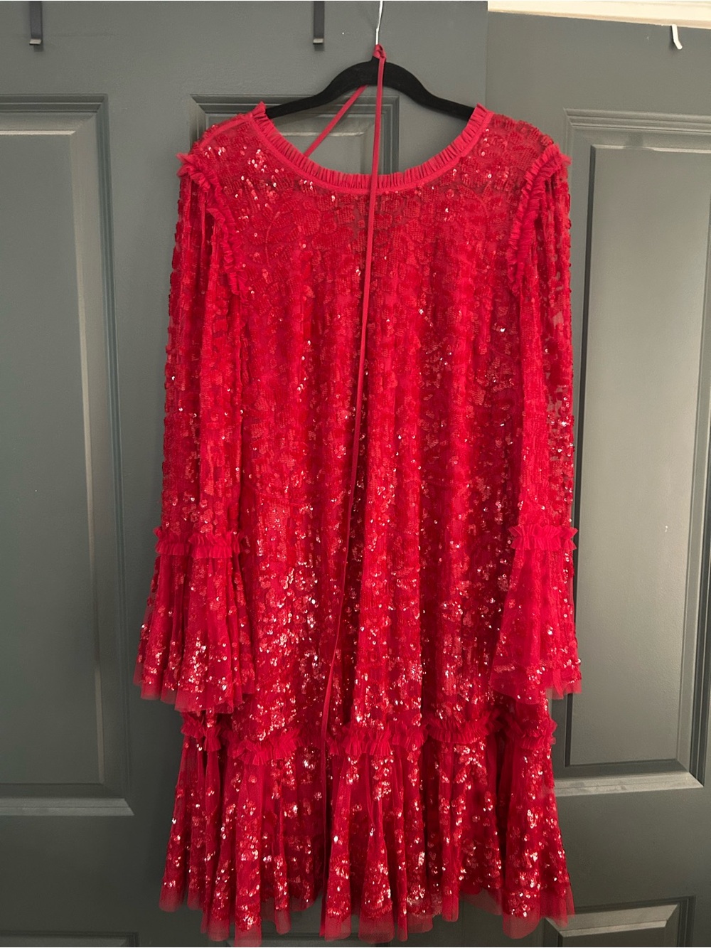 Needle & Thread Red Sequin Tiered Long-Sleeve Party Dress